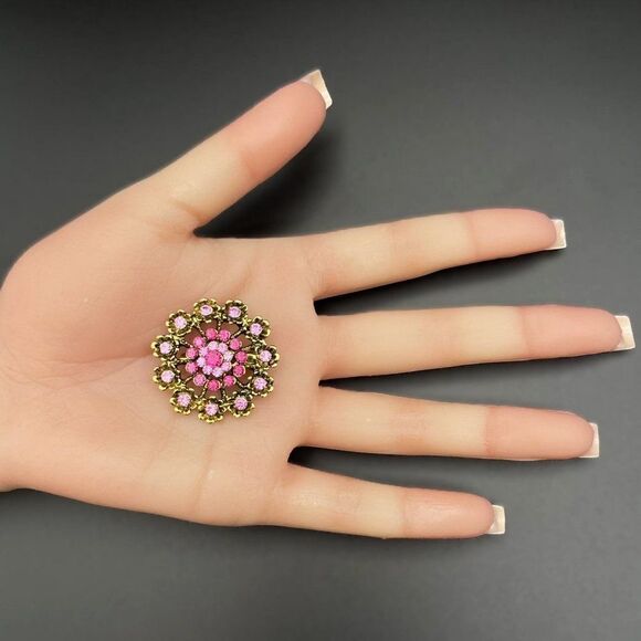 Yellow Gold with Light and Dark Pink Sapphire Crystal Flower Pin Back Brooch - Picture 7 of 7